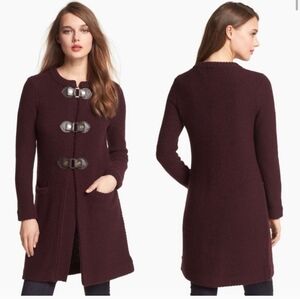 Tory Burch Wool Sweater Coat Size XSmall Knit Plum Burgundy Cardigan Gold Button